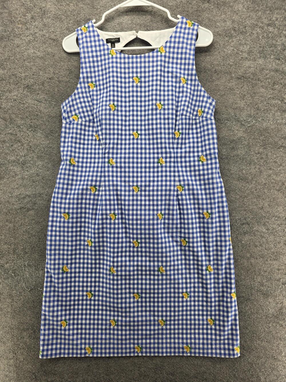 Talbots Dress Womens 10P Blue Gingham Sheath Knee Length Sleeveless Lined